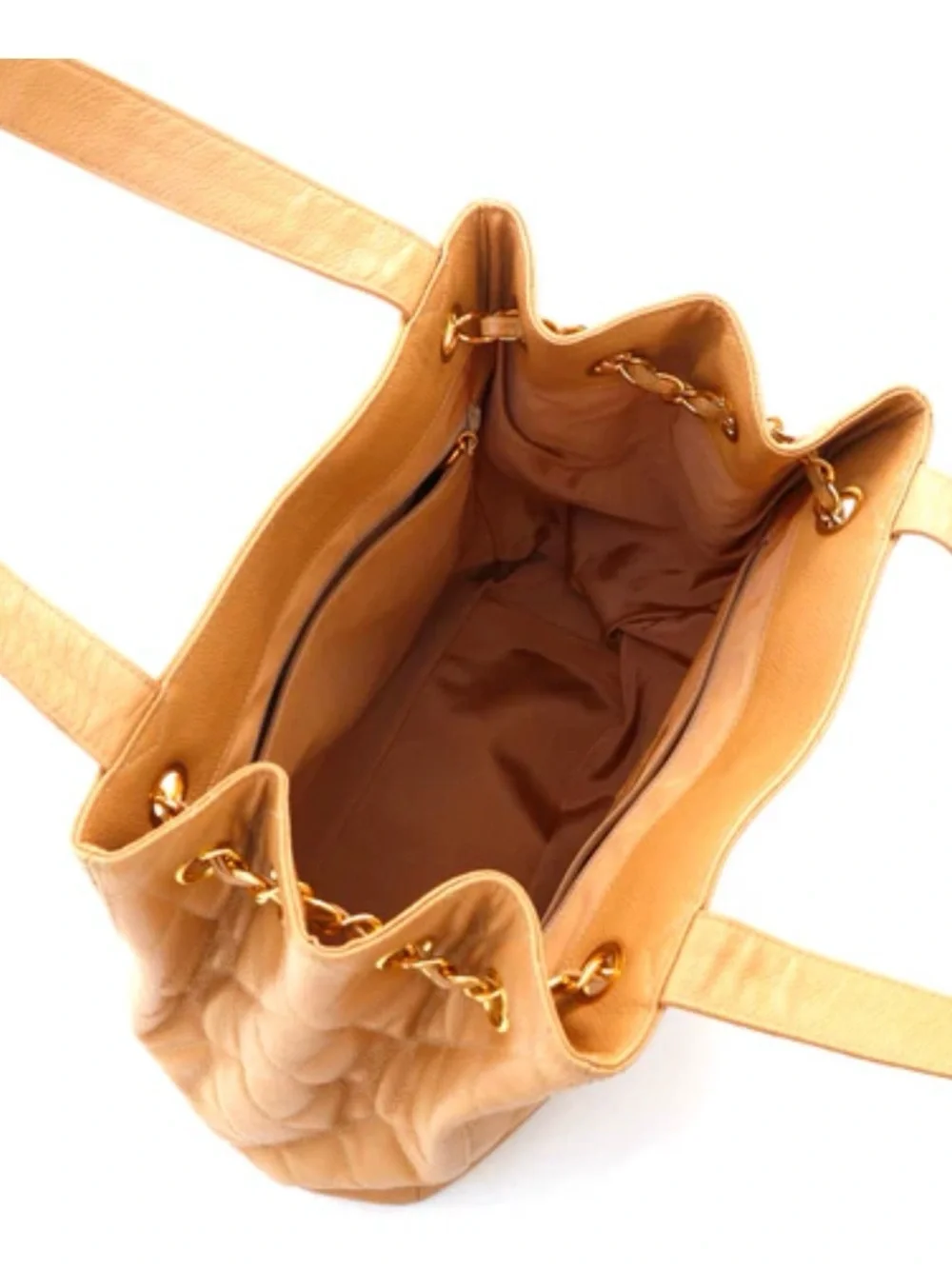 CHANEL Quilted Camel Tote with Gold Chain CC Accent and Turnlock Clasp